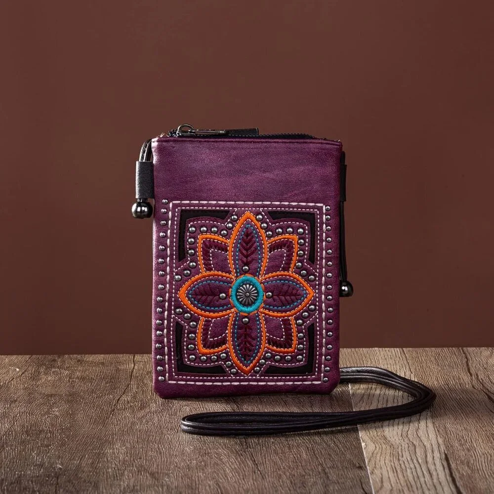 Small Western Vegan Leather Crossbody Phone Bag with Fringe Silver Studs